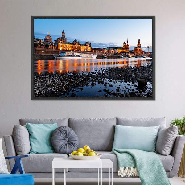 Elbe River At Night Canvas Wall Art-3 Horizontal-Gallery Wrap-25" x 16"-Tiaracle