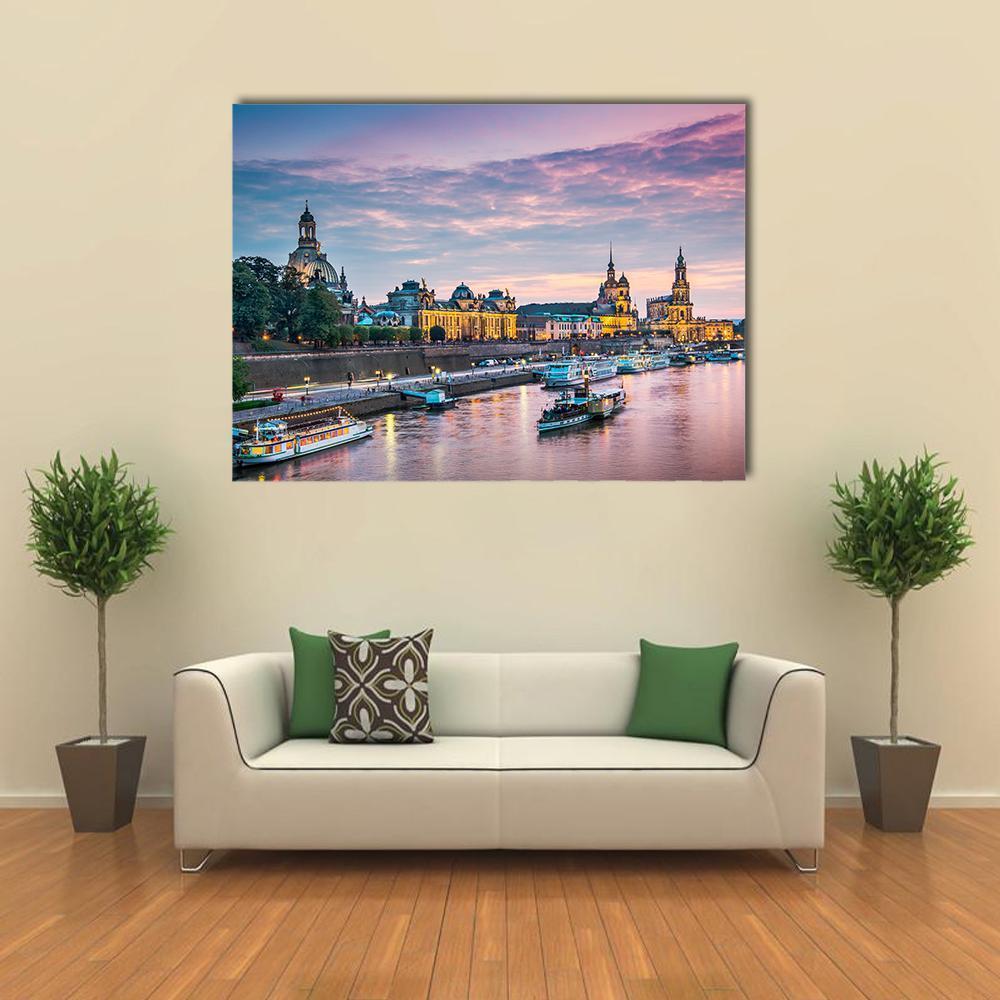 Dresden Elbe River at Twilight Canvas Wall Art in blue, purple and pink, single panel hung on a wall