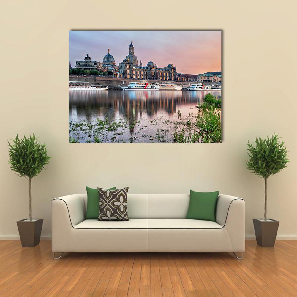 Elbe River in Dresden Canvas Wall Art in gray, blue and pink, single panel hung on a wall