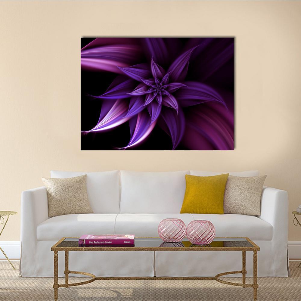 Elegant Fantasy Fractal Flower Canvas Wall Art in black, purple and pink, single panel hung on a wall