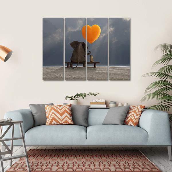 Elephant &amp; Dog Holding Heart Shaped Balloon Canvas Wall Art-4 Horizontal-Gallery Wrap-34&quot; x 24&quot;-Tiaracle
