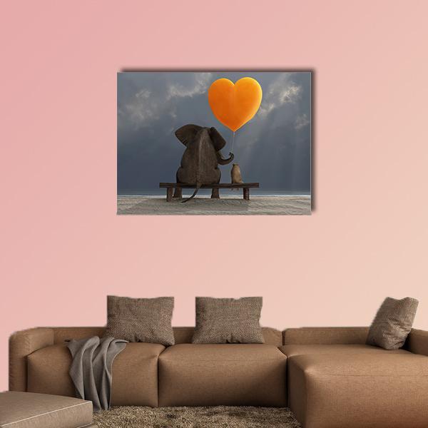 Elephant and Dog on Bench with Heart Balloon Canvas Wall Art in gray, orange and blue, single panel hung on a wall