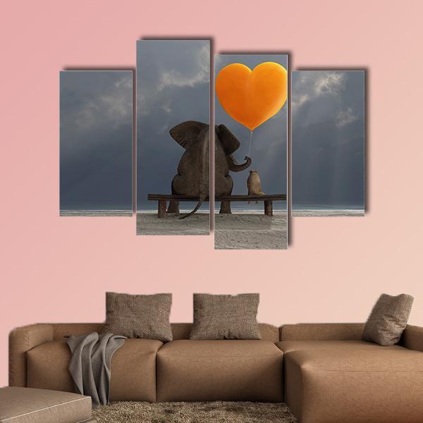 Elephant & Dog Holding Heart Shaped Balloon Canvas Wall Art-4 Pop-Gallery Wrap-50" x 32"-Tiaracle