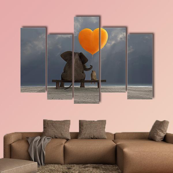 Elephant &amp; Dog Holding Heart Shaped Balloon Canvas Wall Art-5 Pop-Gallery Wrap-47" x 32"-Tiaracle
