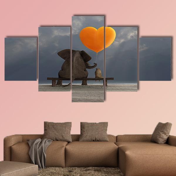 Elephant & Dog Holding Heart Shaped Balloon Canvas Wall Art-5 Star-Gallery Wrap-62" x 32"-Tiaracle