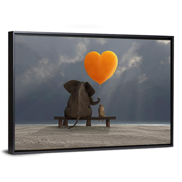 Elephant &amp; Dog Holding Heart Shaped Balloon Canvas Wall Art-3 Horizontal-Gallery Wrap-25" x 16"-Tiaracle
