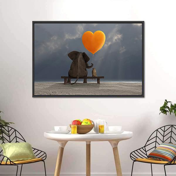 Elephant and Dog on Bench with Heart Balloon Canvas Wall Art in gray, orange and blue, framed canvas, product view on a white background