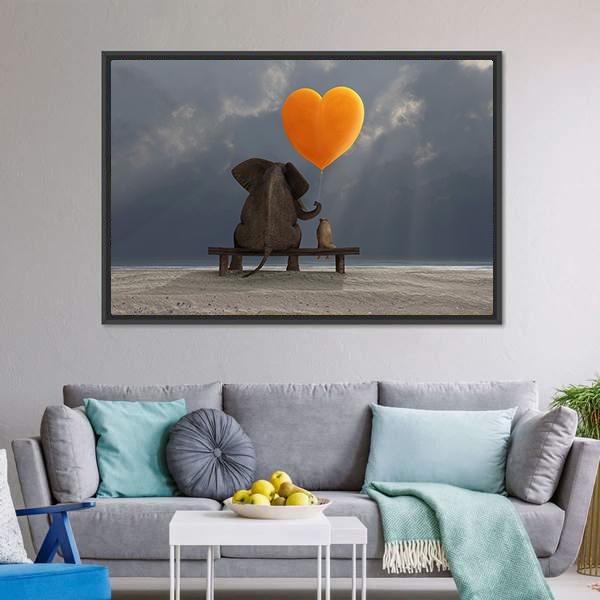 Elephant &amp; Dog Holding Heart Shaped Balloon Canvas Wall Art-3 Horizontal-Gallery Wrap-25" x 16"-Tiaracle