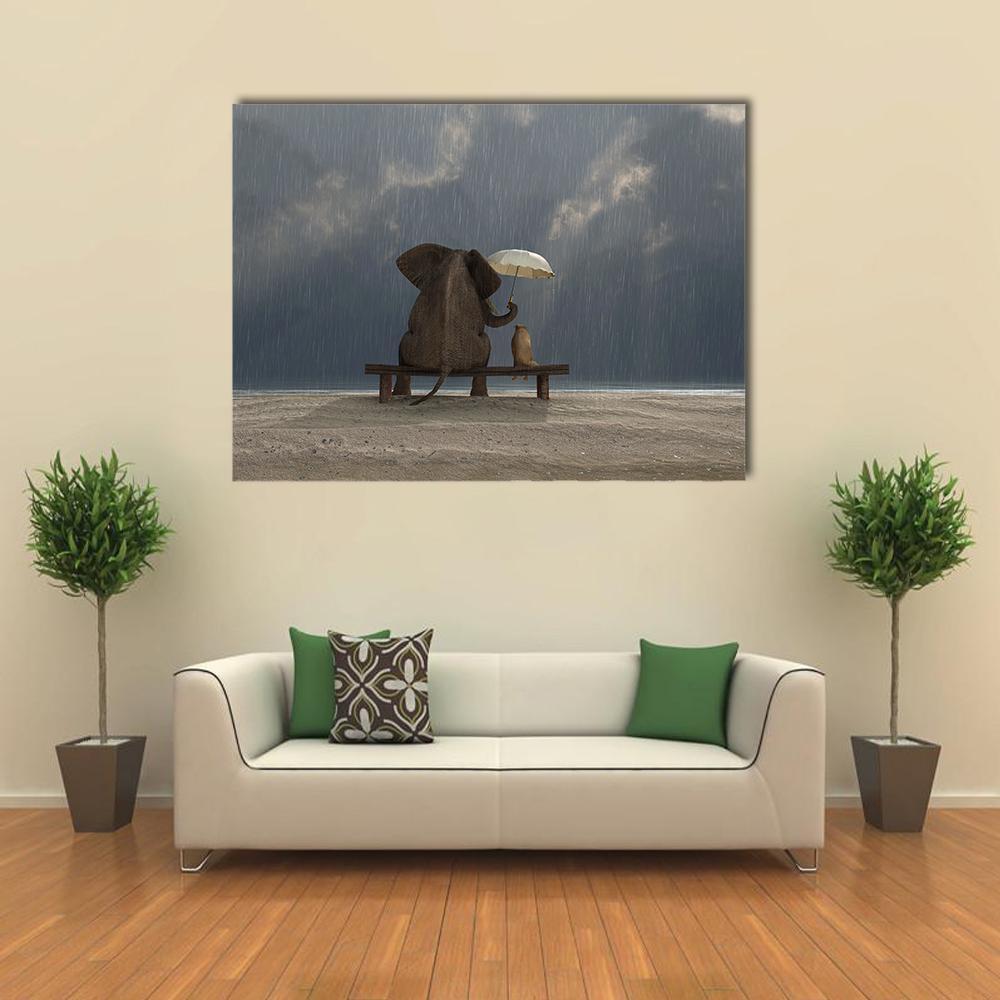 Elephant and Dog Under Rain Canvas Wall Art in gray, beige and brown, single panel hung on a wall