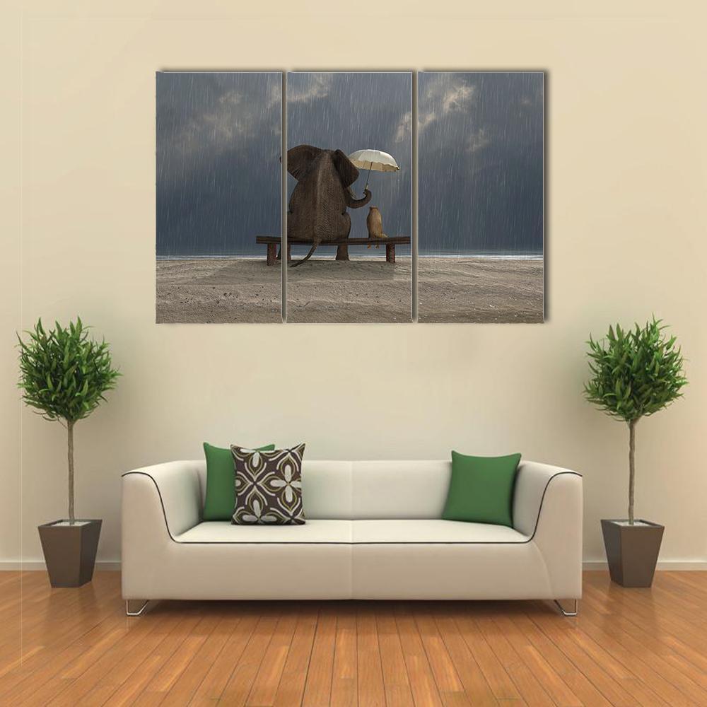 Elephant & Dog Sitting Under Rain Canvas Wall Art-3 Horizontal-Gallery Wrap-37" x 24"-Tiaracle
