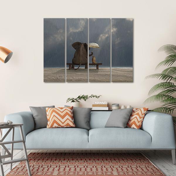 Elephant &amp; Dog Sitting Under Rain Canvas Wall Art-4 Horizontal-Gallery Wrap-34&quot; x 24&quot;-Tiaracle