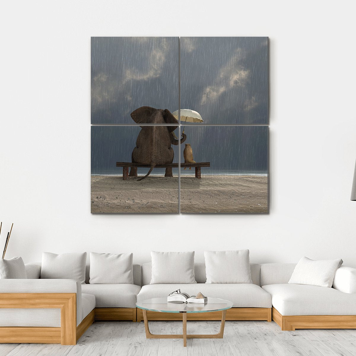 Elephant &amp; Dog Sitting Under Rain Canvas Wall Art-4 Square-Gallery Wrap-17&quot; x 17&quot;-Tiaracle