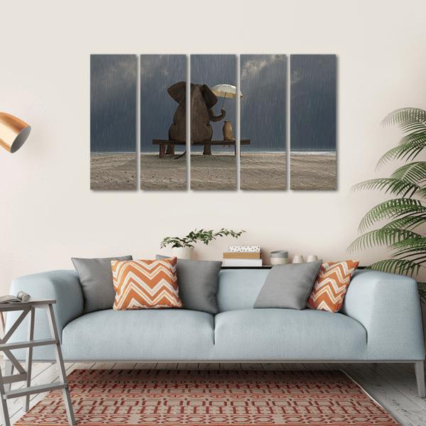 Elephant &amp; Dog Sitting Under Rain Canvas Wall Art-5 Horizontal-Gallery Wrap-22&quot; x 12&quot;-Tiaracle