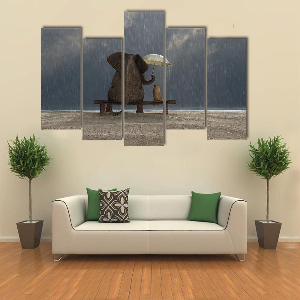 Elephant & Dog Sitting Under Rain Canvas Wall Art-5 Pop-Gallery Wrap-47" x 32"-Tiaracle