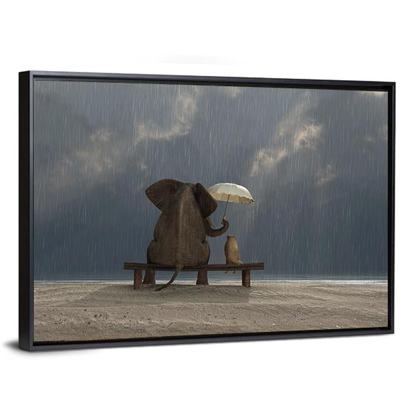Elephant &amp; Dog Sitting Under Rain Canvas Wall Art-3 Horizontal-Gallery Wrap-25&quot; x 16&quot;-Tiaracle