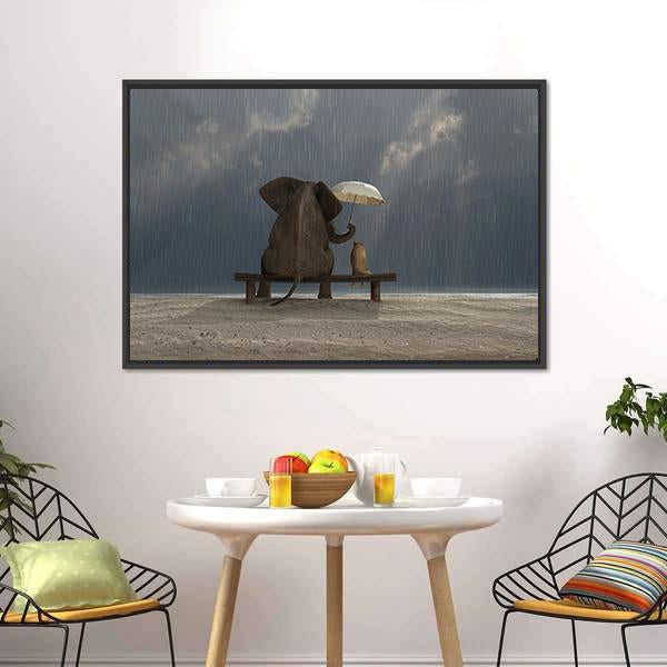 Elephant and Dog Under Rain Canvas Wall Art in gray, beige and brown, framed canvas, product view on a white background