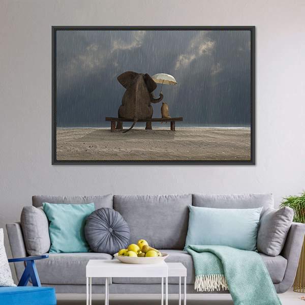 Elephant &amp; Dog Sitting Under Rain Canvas Wall Art-3 Horizontal-Gallery Wrap-25&quot; x 16&quot;-Tiaracle