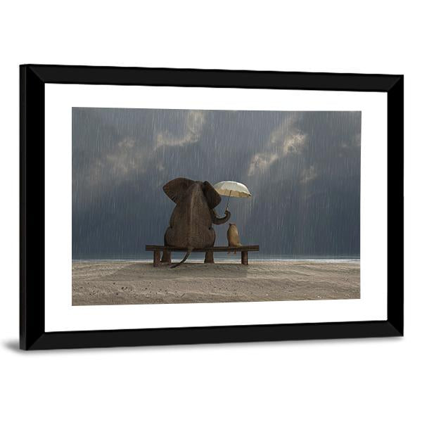 Elephant & Dog Sitting Under Rain Canvas Wall Art-3 Horizontal-Gallery Wrap-25" x 16"-Tiaracle