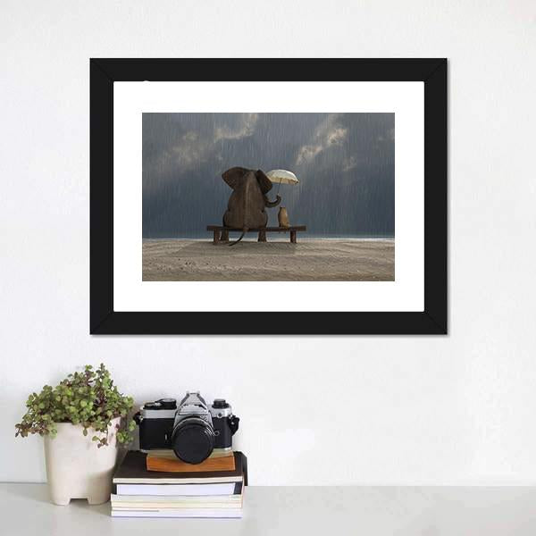 Elephant &amp; Dog Sitting Under Rain Canvas Wall Art-3 Horizontal-Gallery Wrap-25&quot; x 16&quot;-Tiaracle