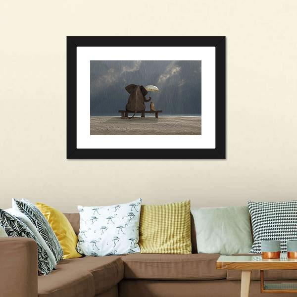 Elephant &amp; Dog Sitting Under Rain Canvas Wall Art-1 Piece-Framed Print-20&quot; x 16&quot;-Tiaracle