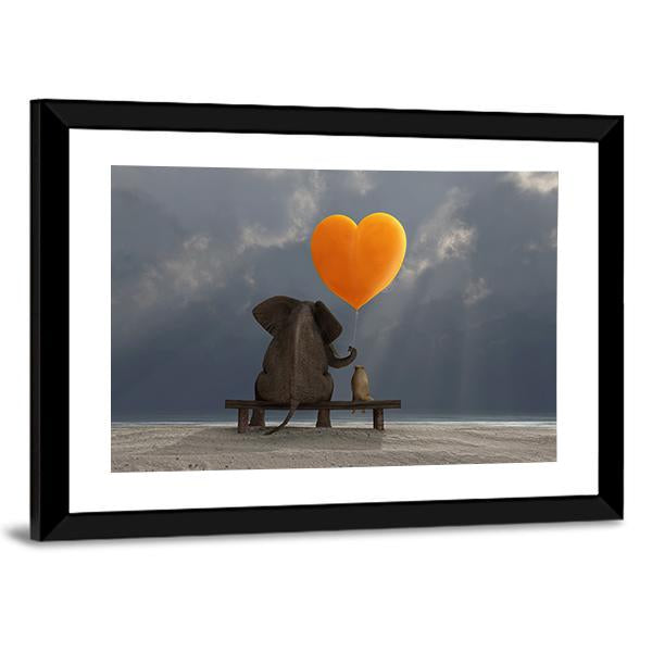 Elephant &amp; Dog Holding Heart Shaped Balloon Canvas Wall Art-5 Horizontal-Gallery Wrap-22&quot; x 12&quot;-Tiaracle