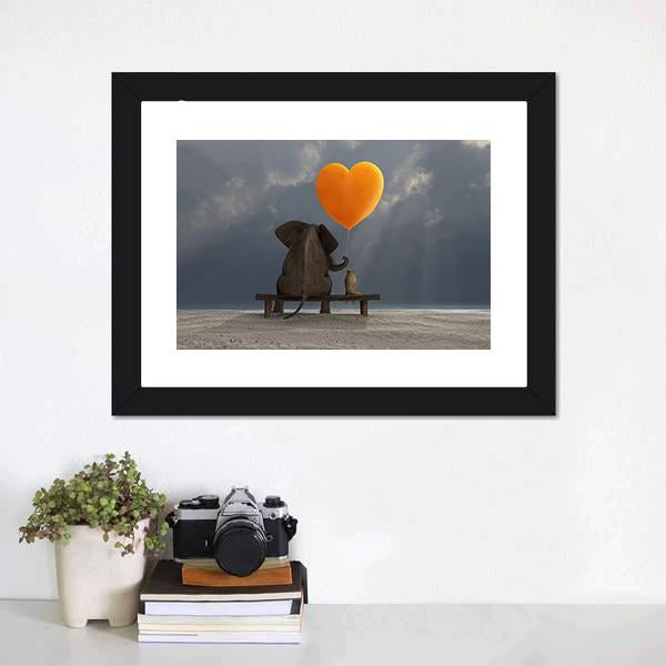 Elephant &amp; Dog Holding Heart Shaped Balloon Canvas Wall Art-5 Horizontal-Gallery Wrap-22&quot; x 12&quot;-Tiaracle