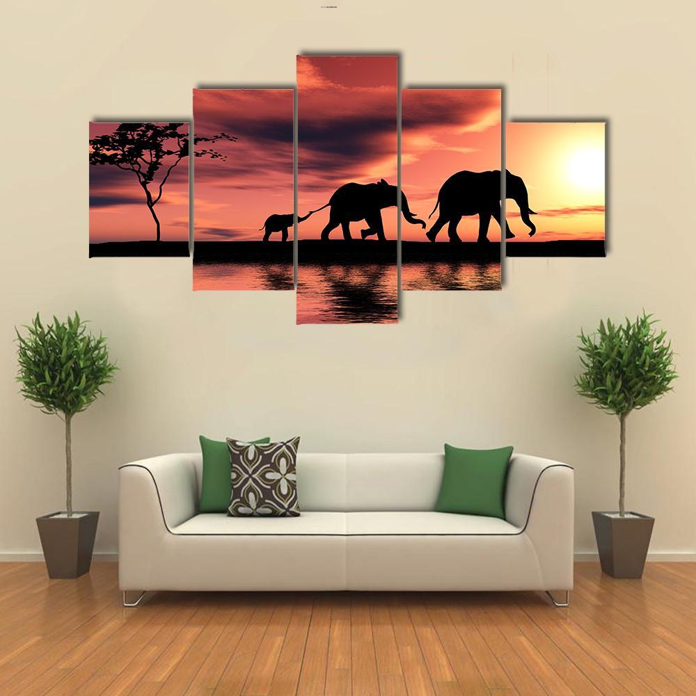 Elephant Family Silhouette Canvas Wall Art-4 Pop-Gallery Wrap-50" x 32"-Tiaracle