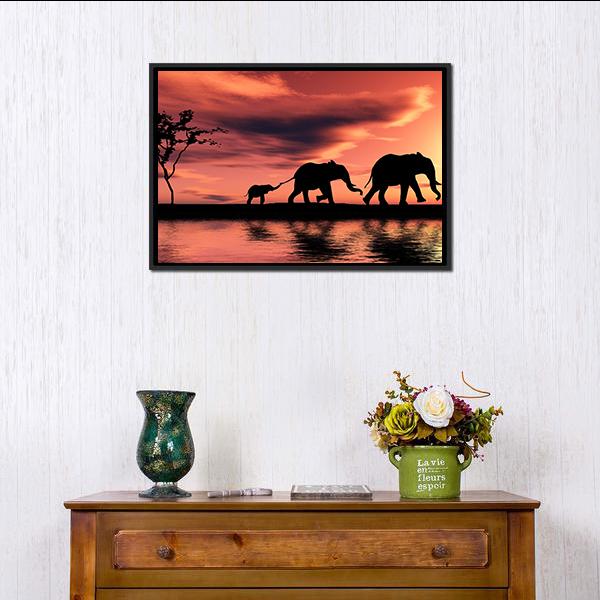 Elephant Family Silhouette Panoramic Canvas Wall Art-1 Piece-36" x 12"-Tiaracle