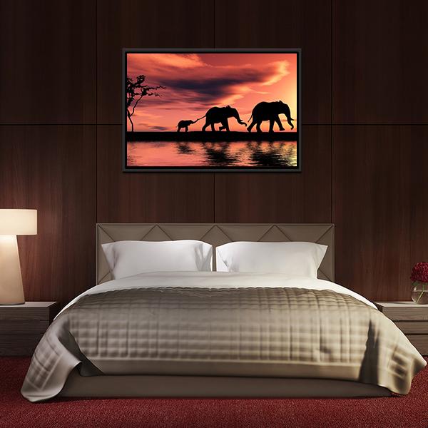 Elephant Family Silhouette Panoramic Canvas Wall Art-1 Piece-36" x 12"-Tiaracle
