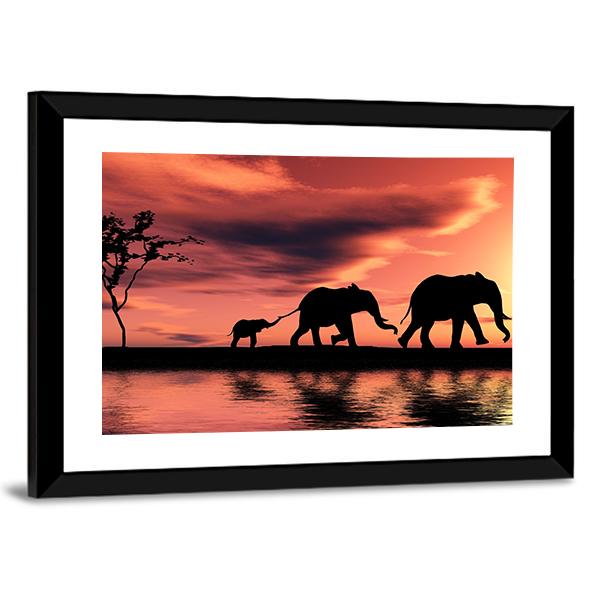 Elephant Family Silhouette Panoramic Canvas Wall Art-1 Piece-36" x 12"-Tiaracle