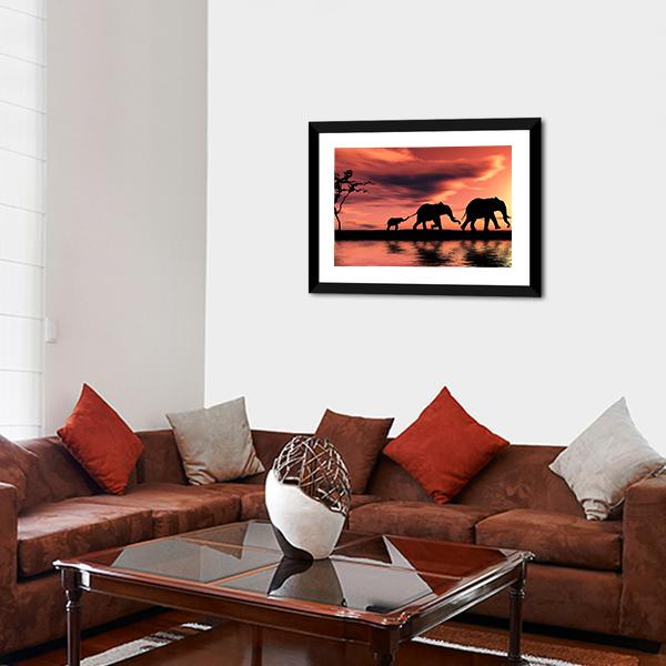 Elephant Family Silhouette Panoramic Canvas Wall Art-1 Piece-36" x 12"-Tiaracle