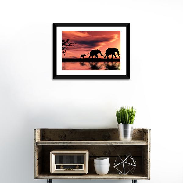 Elephant Family Silhouette Panoramic Canvas Wall Art-1 Piece-36" x 12"-Tiaracle