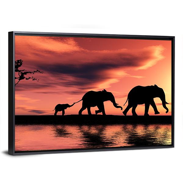 Elephant Family Silhouette Panoramic Canvas Wall Art-1 Piece-36" x 12"-Tiaracle