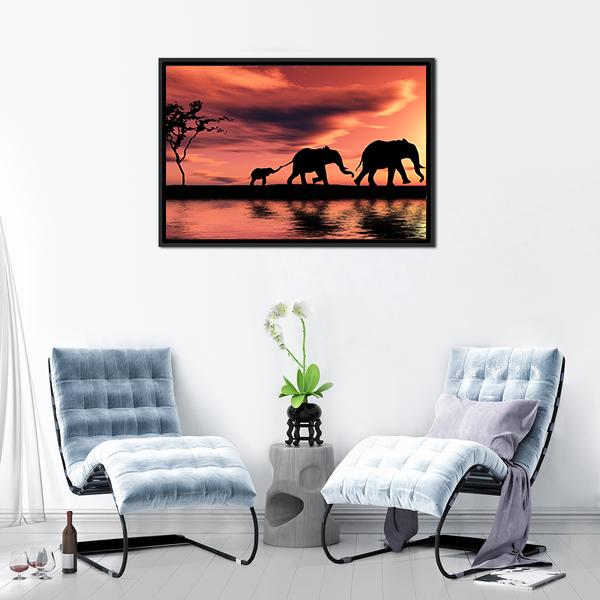 Elephant Family Silhouette Panoramic Canvas Wall Art-1 Piece-36" x 12"-Tiaracle