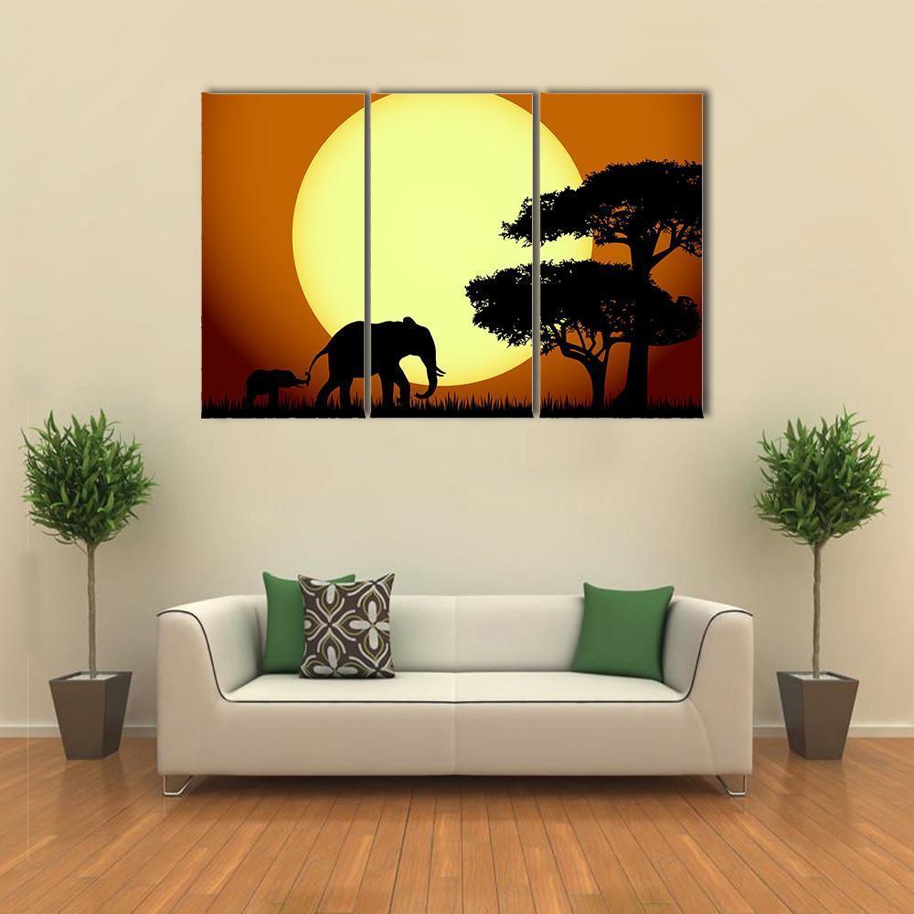 Elephants At Sunset Canvas Wall Art-3 Horizontal-Gallery Wrap-37" x 24"-Tiaracle