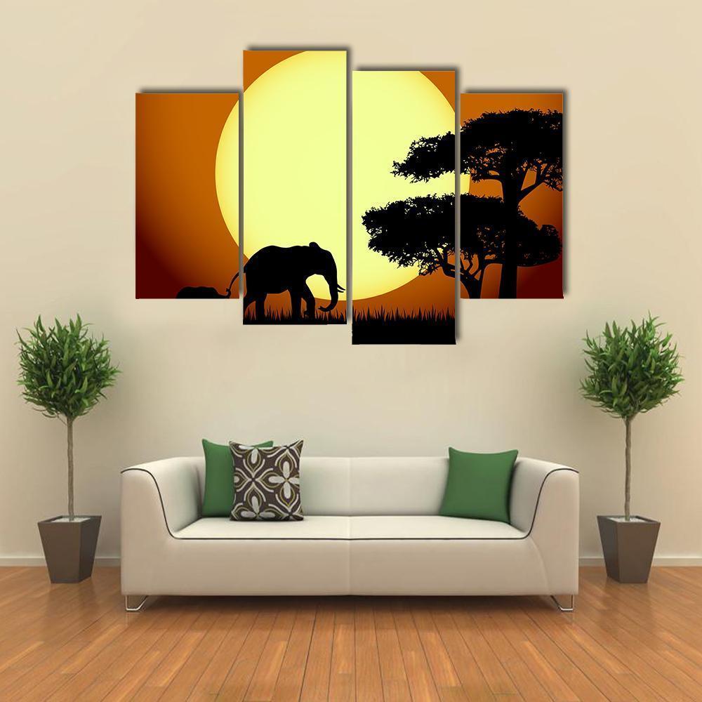 Elephants At Sunset Canvas Wall Art-4 Pop-Gallery Wrap-50" x 32"-Tiaracle