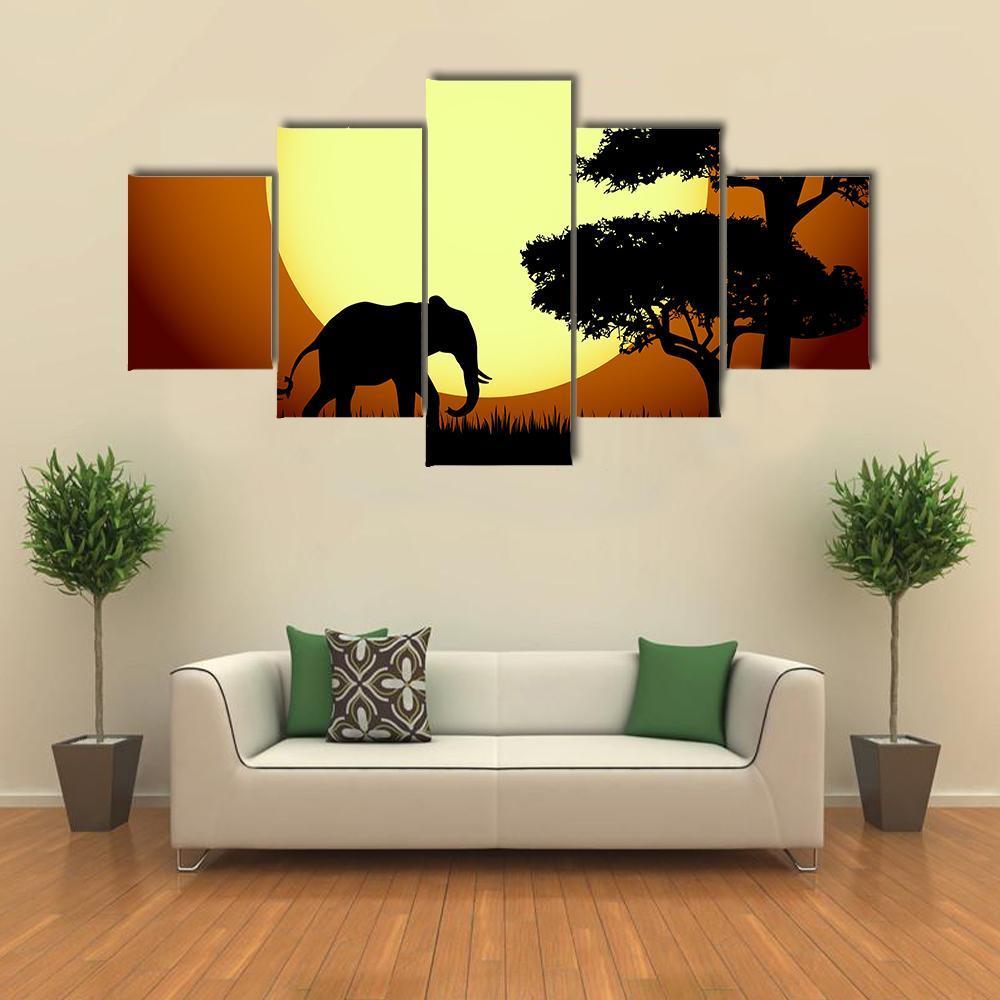 Elephants At Sunset Canvas Wall Art-5 Star-Gallery Wrap-62" x 32"-Tiaracle