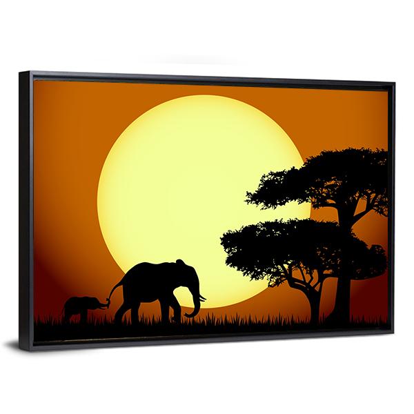 Elephants At Sunset Canvas Wall Art-3 Horizontal-Gallery Wrap-25" x 16"-Tiaracle