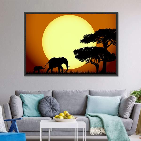 Elephants At Sunset Canvas Wall Art-3 Horizontal-Gallery Wrap-25" x 16"-Tiaracle