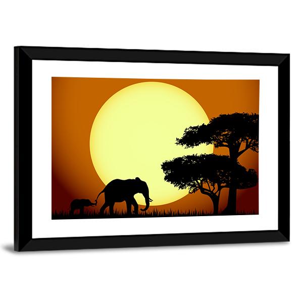 Elephants At Sunset Canvas Wall Art-3 Horizontal-Gallery Wrap-25" x 16"-Tiaracle