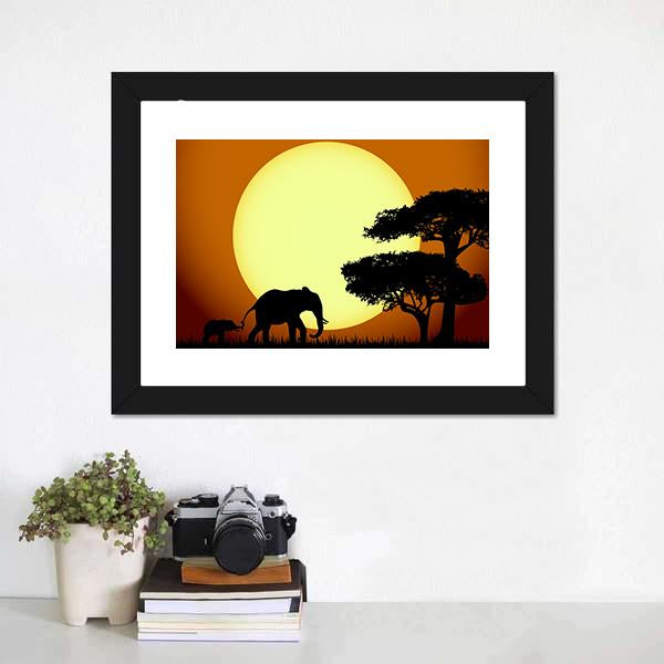 Elephants At Sunset Canvas Wall Art-3 Horizontal-Gallery Wrap-25" x 16"-Tiaracle