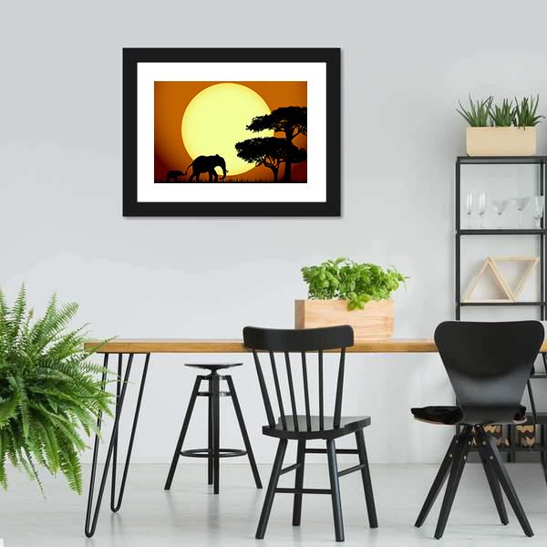 Elephants At Sunset Canvas Wall Art-3 Horizontal-Gallery Wrap-25" x 16"-Tiaracle
