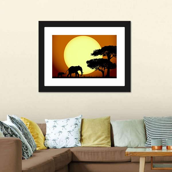 Elephants At Sunset Canvas Wall Art-1 Piece-Framed Print-20" x 16"-Tiaracle