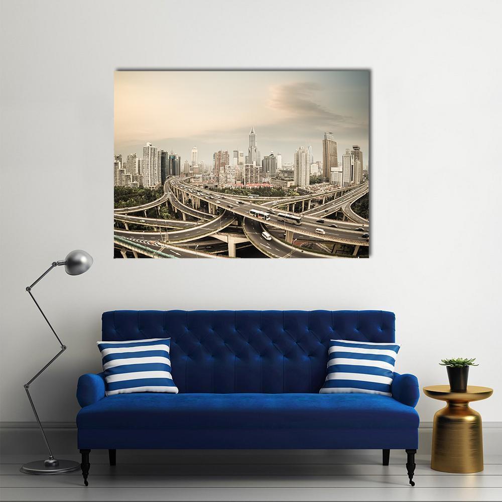 Shanghai Elevated Road Junction Canvas Wall Art in gray and beige, single panel hung on a wall