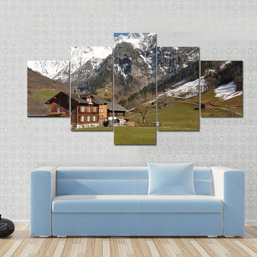 Elm Village Switzerland Canvas Wall Art-5 Star-Gallery Wrap-62" x 32"-Tiaracle