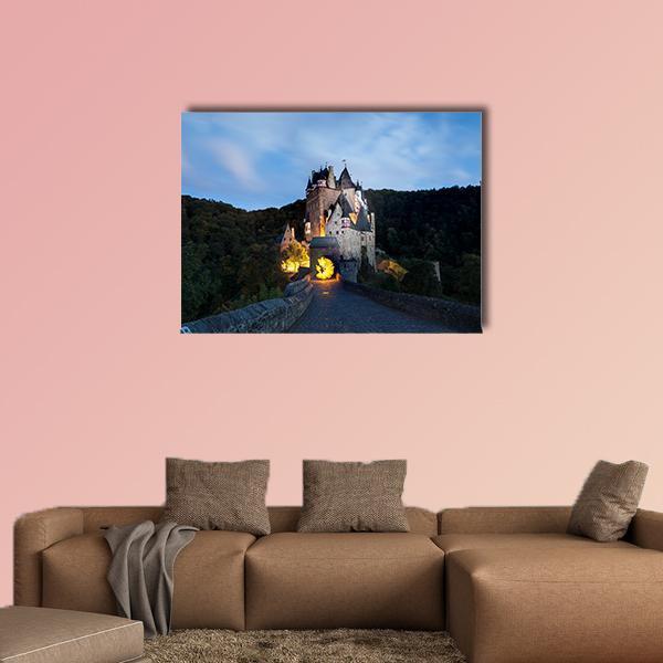 Eltz Castle Illuminated at Dusk Canvas Wall Art in black, gray and blue, single panel hung on a wall