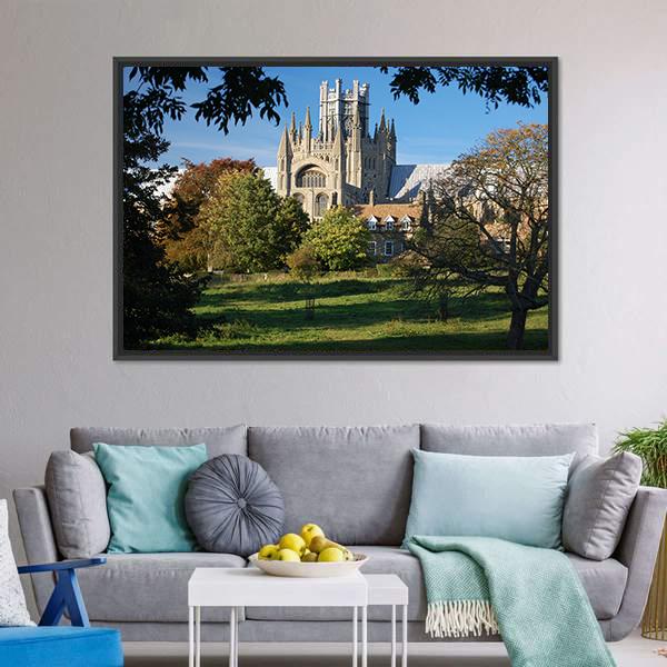 Ely Cathedral Cambridgeshire Canvas Wall Art in gray, green and blue, framed canvas, product view on a white background