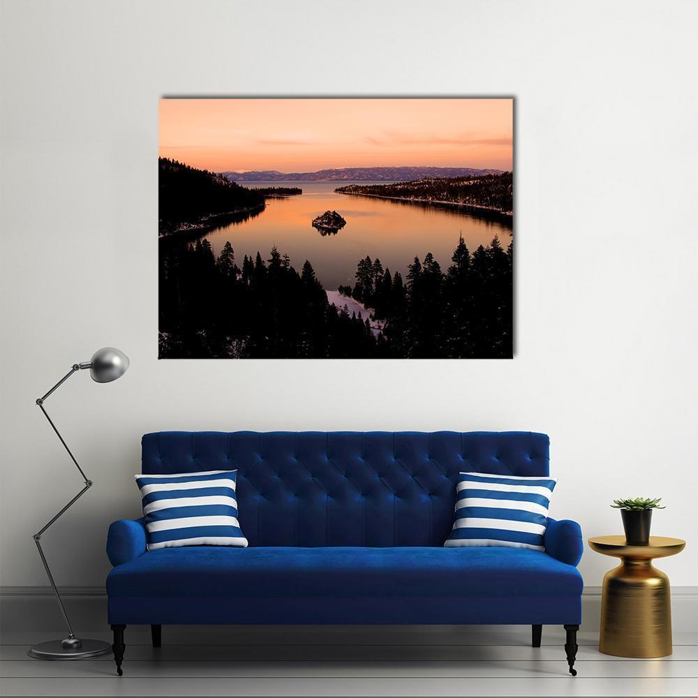 Emerald Bay After Sunset Canvas Wall Art in black, orange and pink, single panel hung on a wall