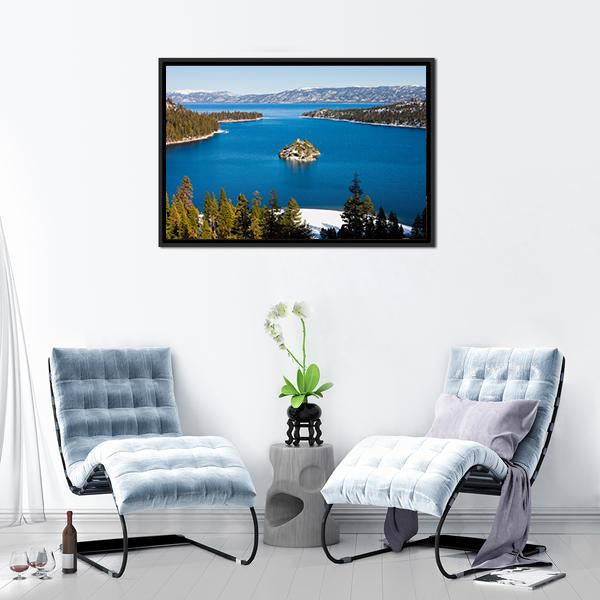Emerald Bay In Winter Canvas Wall Art-1 Piece-Floating Frame-24" x 16"-Tiaracle