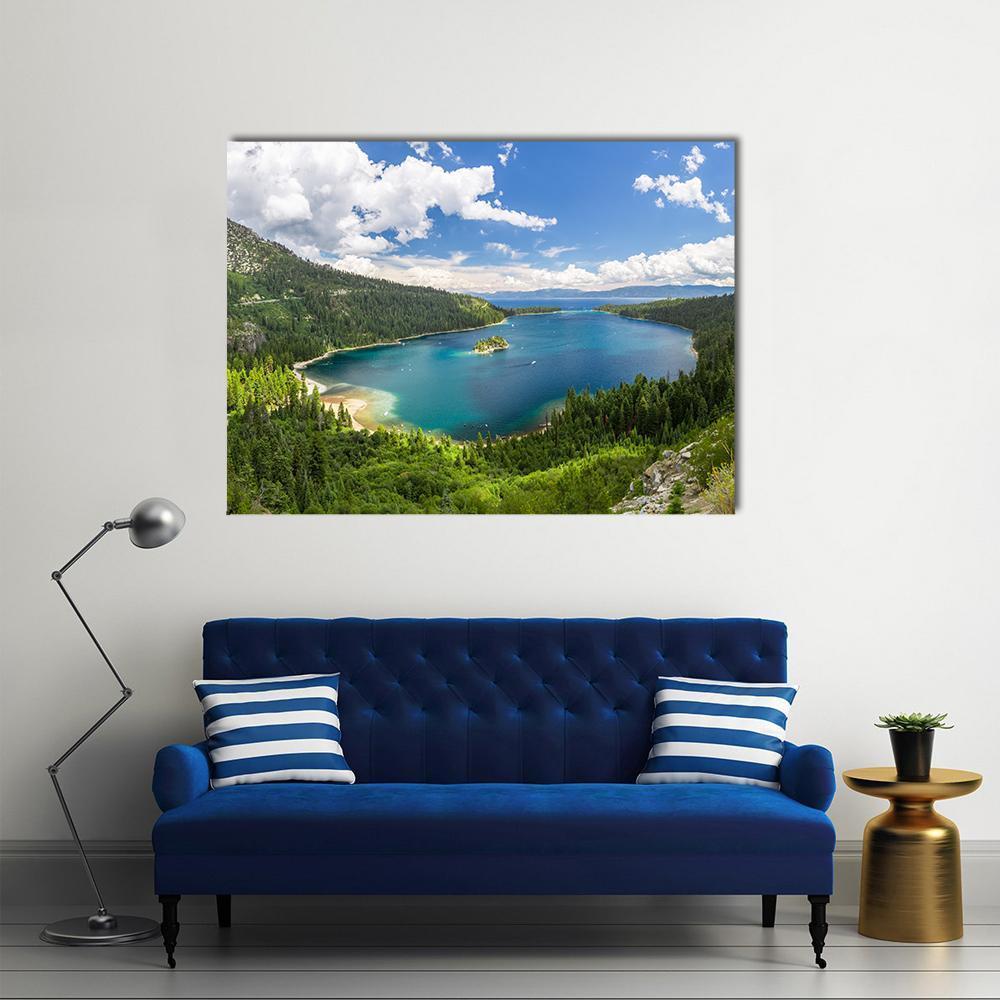 Emerald Bay, Lake Tahoe Canvas Wall Art in green and blue, single panel hung on a wall